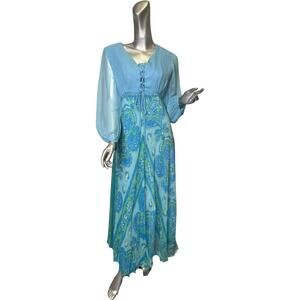 Vintage 1960s Blue Corset Front Printed Maxi Dress Medium